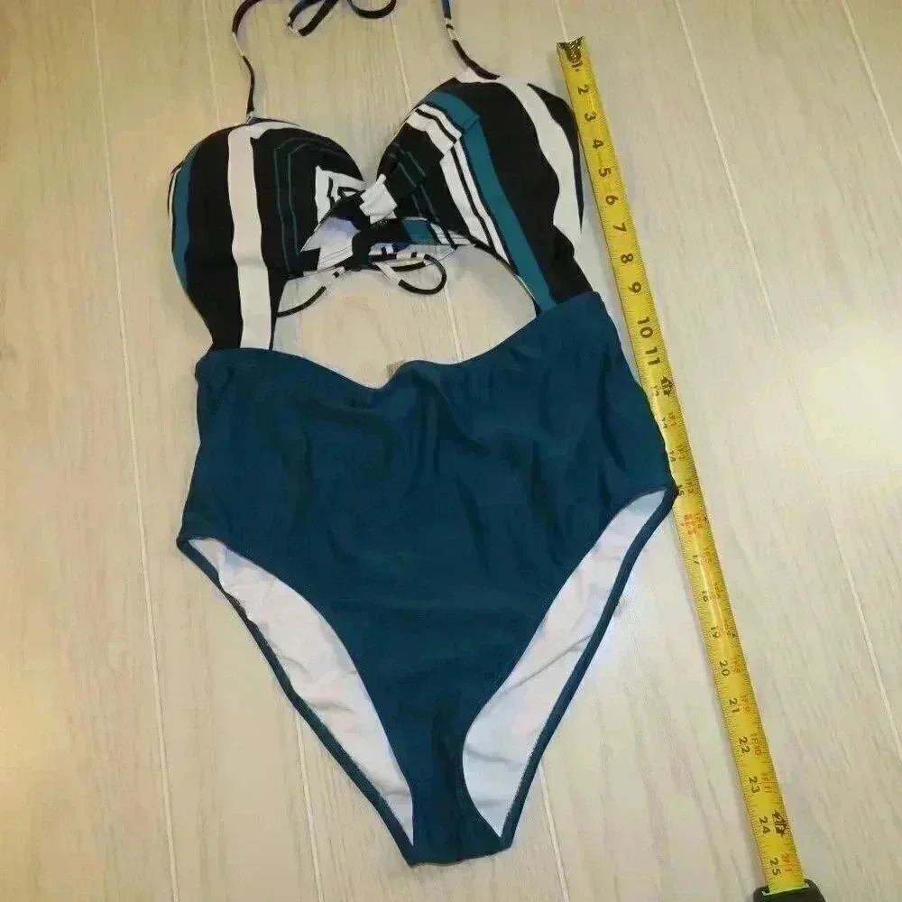 Stripe Cutout Halter Twist One Piece Swimsuit Women Size L - Picture 5 of 7